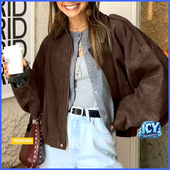 Faux Suede Bomber Jacket Oversized Zipper Lapel Long Sleeve Outerwear - Picture 2 of 7